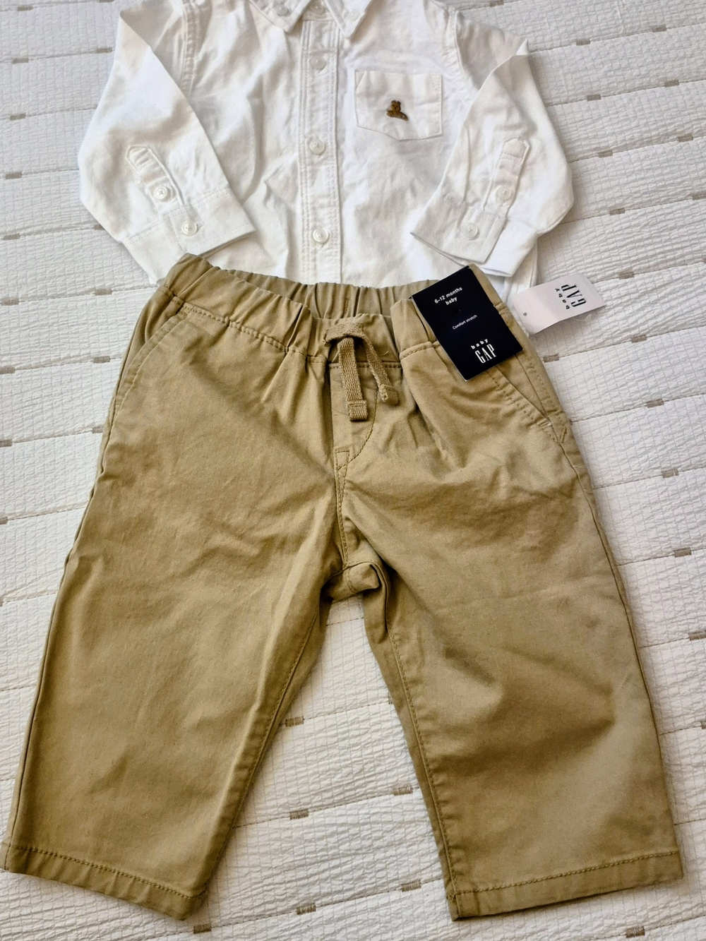 GAP White Button-Front Bear Pocket Onesie And Khaki Pant